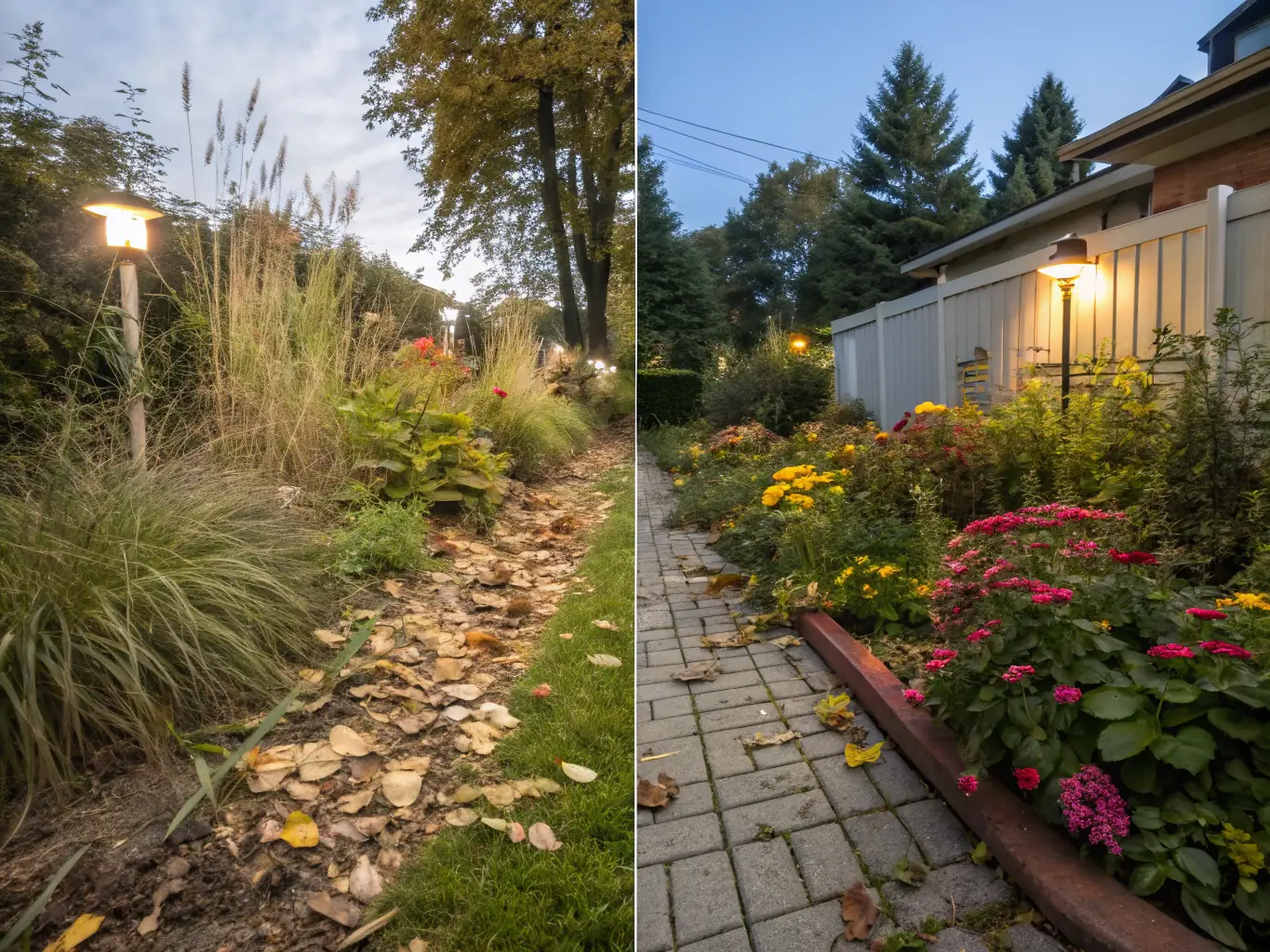 Before and after images of a restored yard, showcasing the transformation from overgrown to pristine.