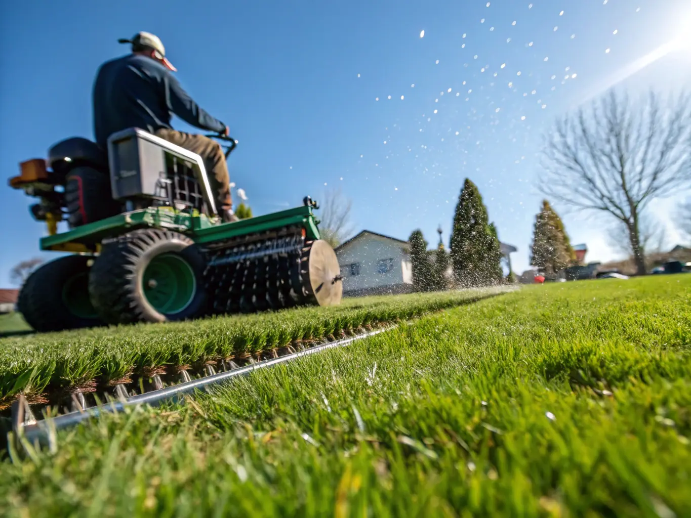 A lawn being aerated with specialized equipment, showing the small holes created to improve soil health.